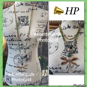 Gold Tone Dragonfly + Green & Gold Beads Statement Long Necklace able to Double